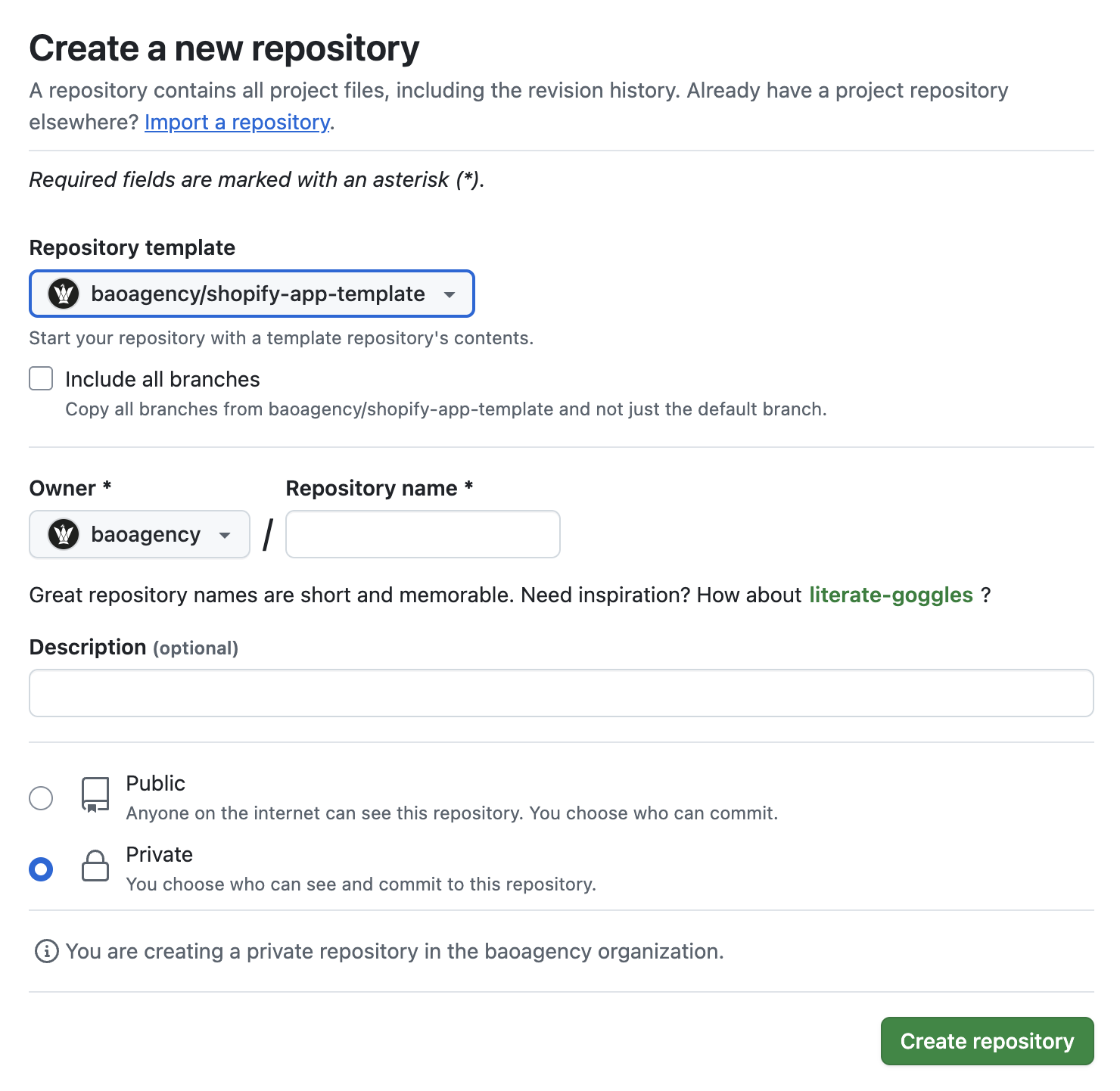 Screenshot of the "Create repository" page of GitHub showing the repository template has "baoagency/shopify-app-template" selected